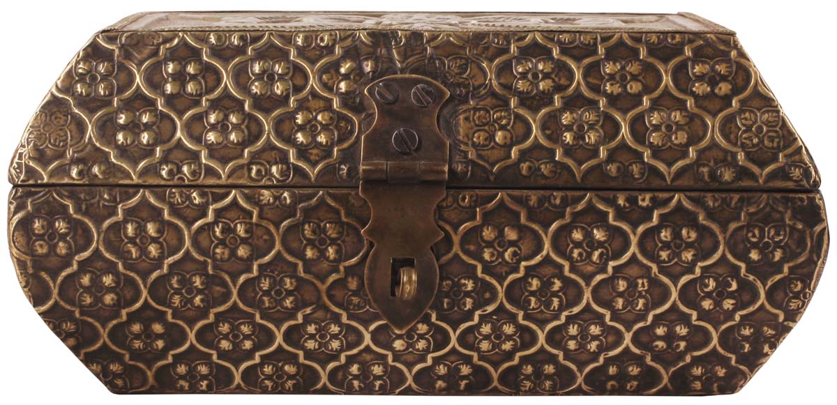 7.5” Treasure-Chest / Jewelry-Box in Wood with Embossed Floral Brass-Work - Golden - Antique-Look Storage Boxes from India - Buy in Bulk Wholesale