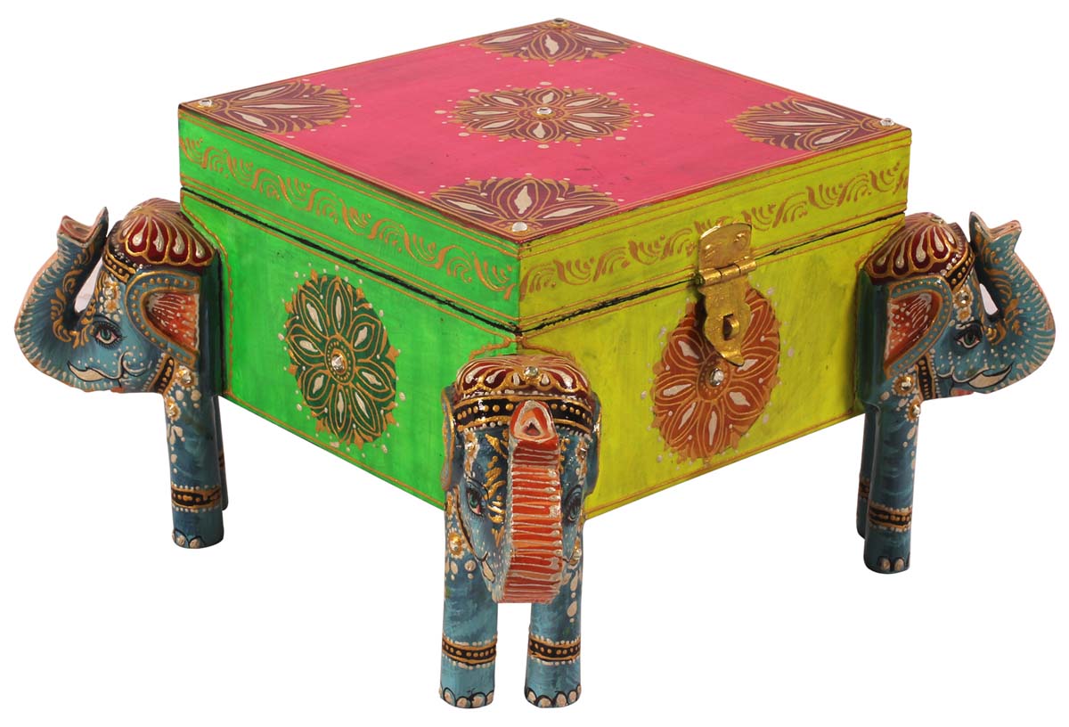 10.5” 4-Face Elephant Jewelry-Box in Wood with Hand-Painted Motifs - Multicolored - Ethnic-Look Storage Boxes from India - Buy in Bulk Wholesale