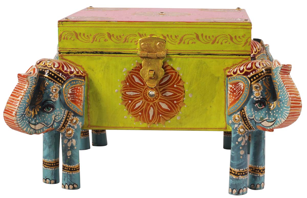 10.5” 4-Face Elephant Jewelry-Box in Wood with Hand-Painted Motifs - Multicolored - Ethnic-Look Storage Boxes from India - Buy in Bulk Wholesale