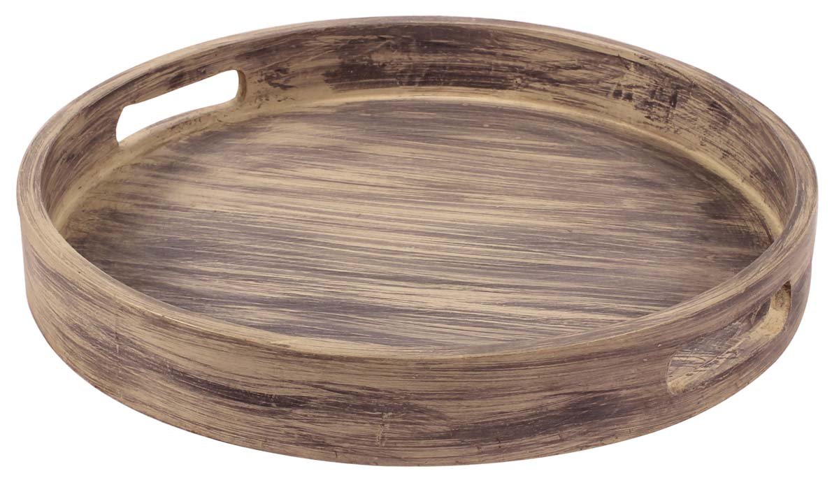 12.5” Round Decorative Tray with Cut-Out Handles in Natural Wood - Distressed Gray - Home Decor Accessories - Buy in Bulk Wholesale
