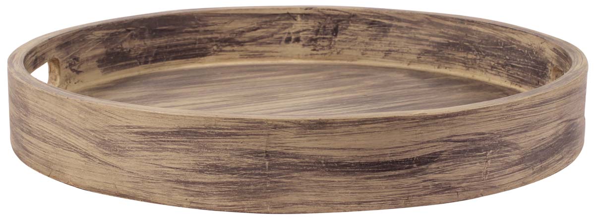 12.5” Round Decorative Tray with Cut-Out Handles in Natural Wood - Distressed Gray - Home Decor Accessories - Buy in Bulk Wholesale