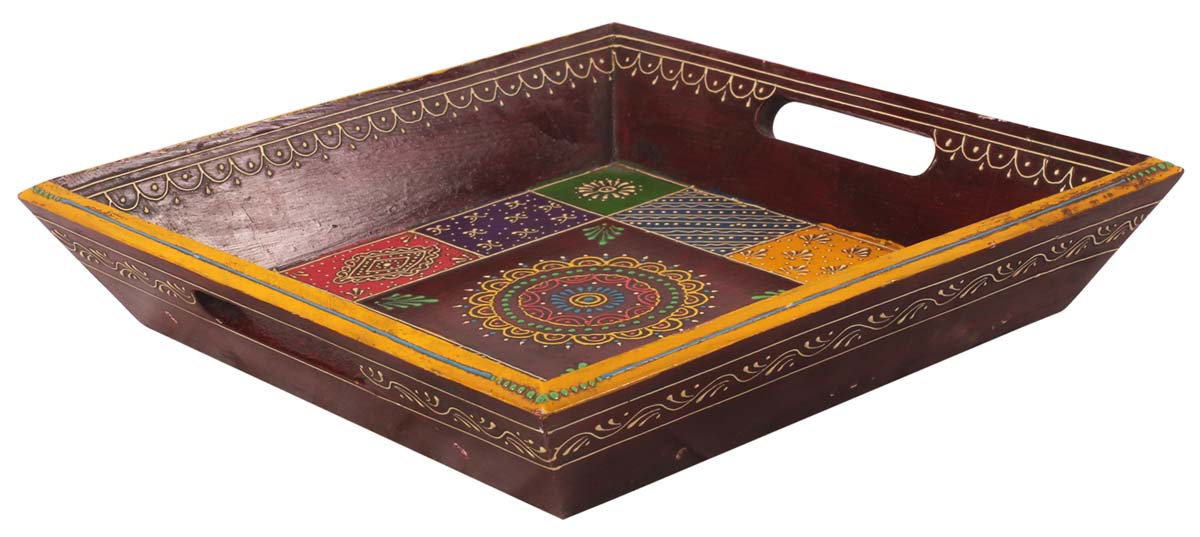 13” Decorative Tray with Cut-Out Handles in Natural Wood - Hand-Painted Colorful Motifs - Home Decor Accessories - Buy in Bulk Wholesale