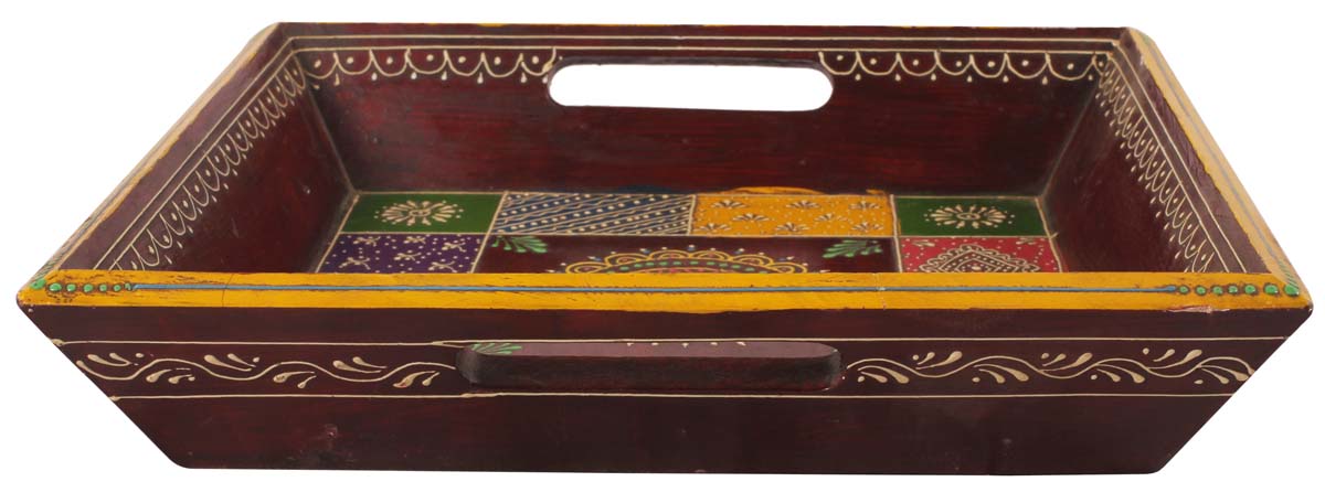 13” Decorative Tray with Cut-Out Handles in Natural Wood - Hand-Painted Colorful Motifs - Home Decor Accessories - Buy in Bulk Wholesale