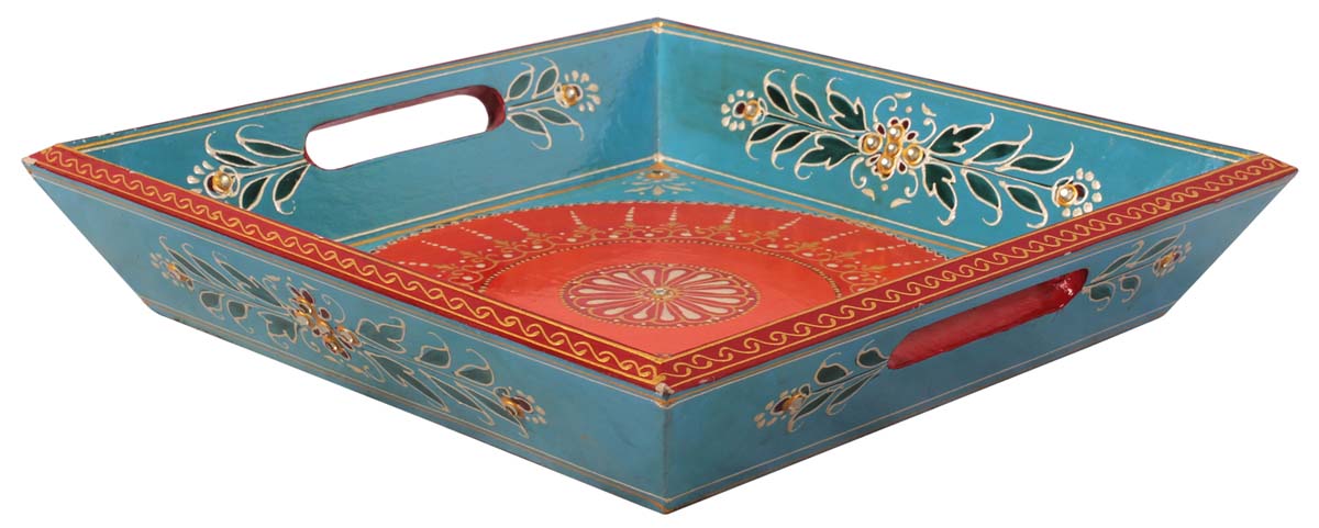 13” Decorative Tray with Cut-Out Handles in Natural Wood - Hand-Painted Motifs in Light-Blue & Orange - Home Decor Accessories - Buy in Bulk Wholesale