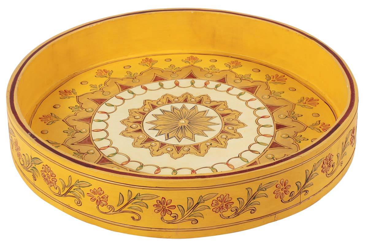 15” Round Yellow Decorative Tray in Mango-Wood - Hand-Painted Colorful Motifs & Stone-Work - Home Decor Accessories - Buy in Bulk Wholesale