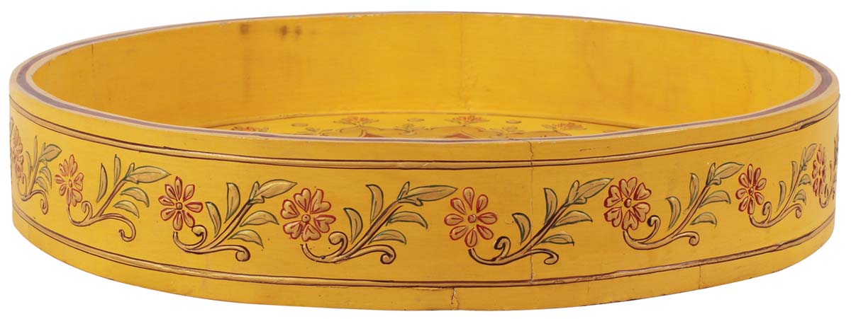 15” Round Yellow Decorative Tray in Mango-Wood - Hand-Painted Colorful Motifs & Stone-Work - Home Decor Accessories - Buy in Bulk Wholesale