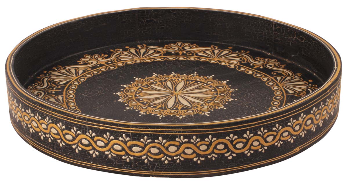 18” Round Black Decorative Tray in Natural Wood - Hand-Painted Golden & Off-White Motifs - Home Decor Accessories - Buy in Bulk Wholesale