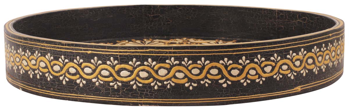 18” Round Black Decorative Tray in Natural Wood - Hand-Painted Golden & Off-White Motifs - Home Decor Accessories - Buy in Bulk Wholesale