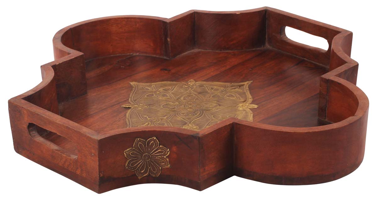 18” Moroccan Decorative Tray in Natural-Wood with Brass-Work - Brown Golden- Unique Home Decor Accessories - Buy in Bulk Wholesale