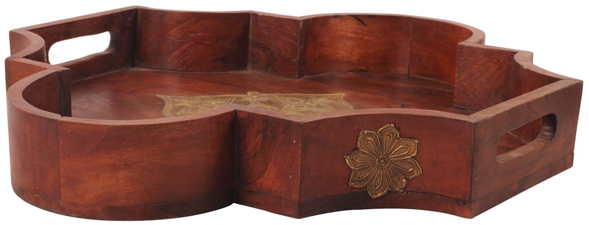 18” Moroccan Decorative Tray in Natural-Wood with Brass-Work - Brown Golden- Unique Home Decor Accessories - Buy in Bulk Wholesale