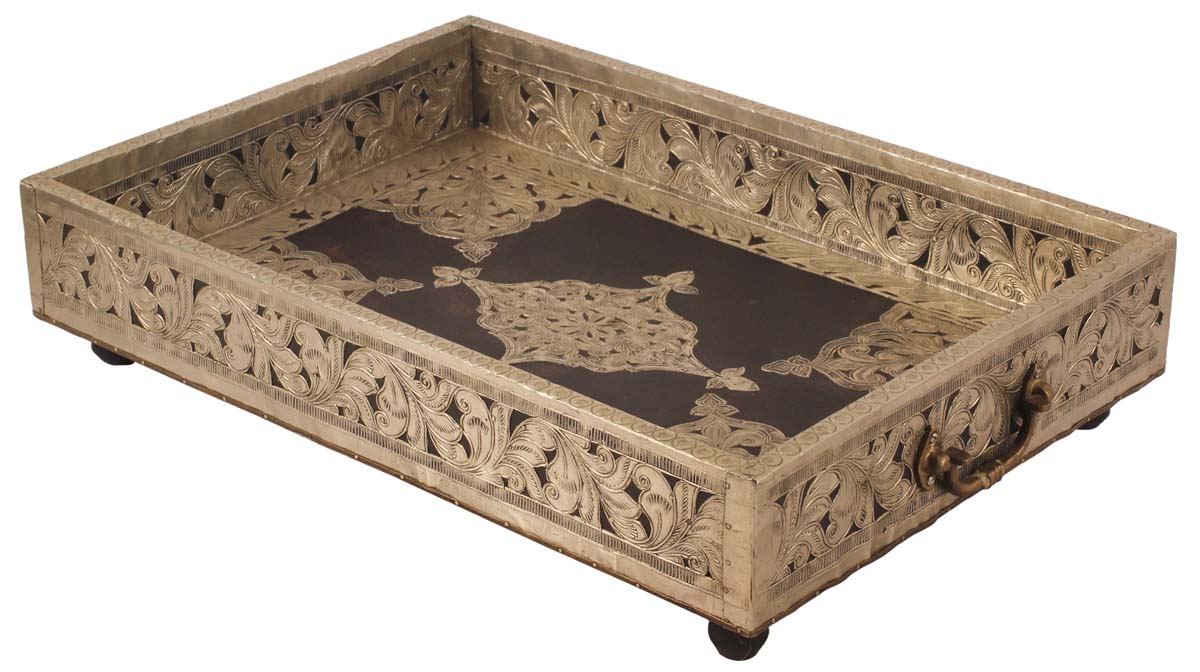 19” Decorative Tray in Natural Wood with Moroccan Heavy Metal-Work & Handles - Brown Silver - Antique-Look Home Decor Accessories - Buy in Bulk Wholesale