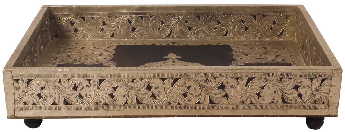 19” Decorative Tray in Natural Wood with Moroccan Heavy Metal-Work & Handles - Brown Silver - Antique-Look Home Decor Accessories - Buy in Bulk Wholesale