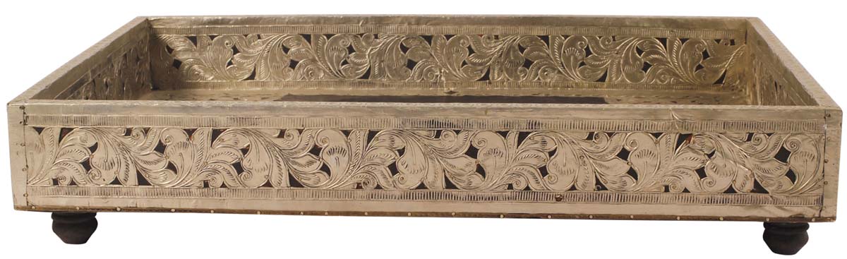 22” Decorative Tray in Natural Wood with Moroccan Heavy Metal-Work & Handles - Brown Silver - Antique-Look Home Decor Accessories - Buy in Bulk Wholesale
