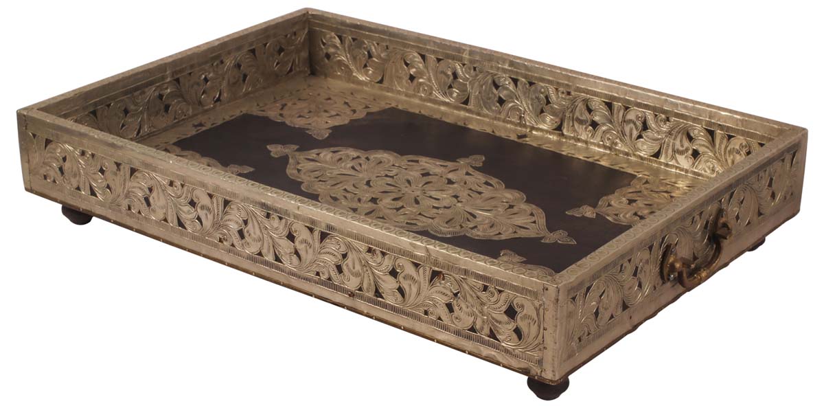 27” Decorative Tray in Natural Wood with Moroccan Heavy Metal-Work & Handles - Brown Silver - Antique-Look Home Decor Accessories - Buy in Bulk Wholesale
