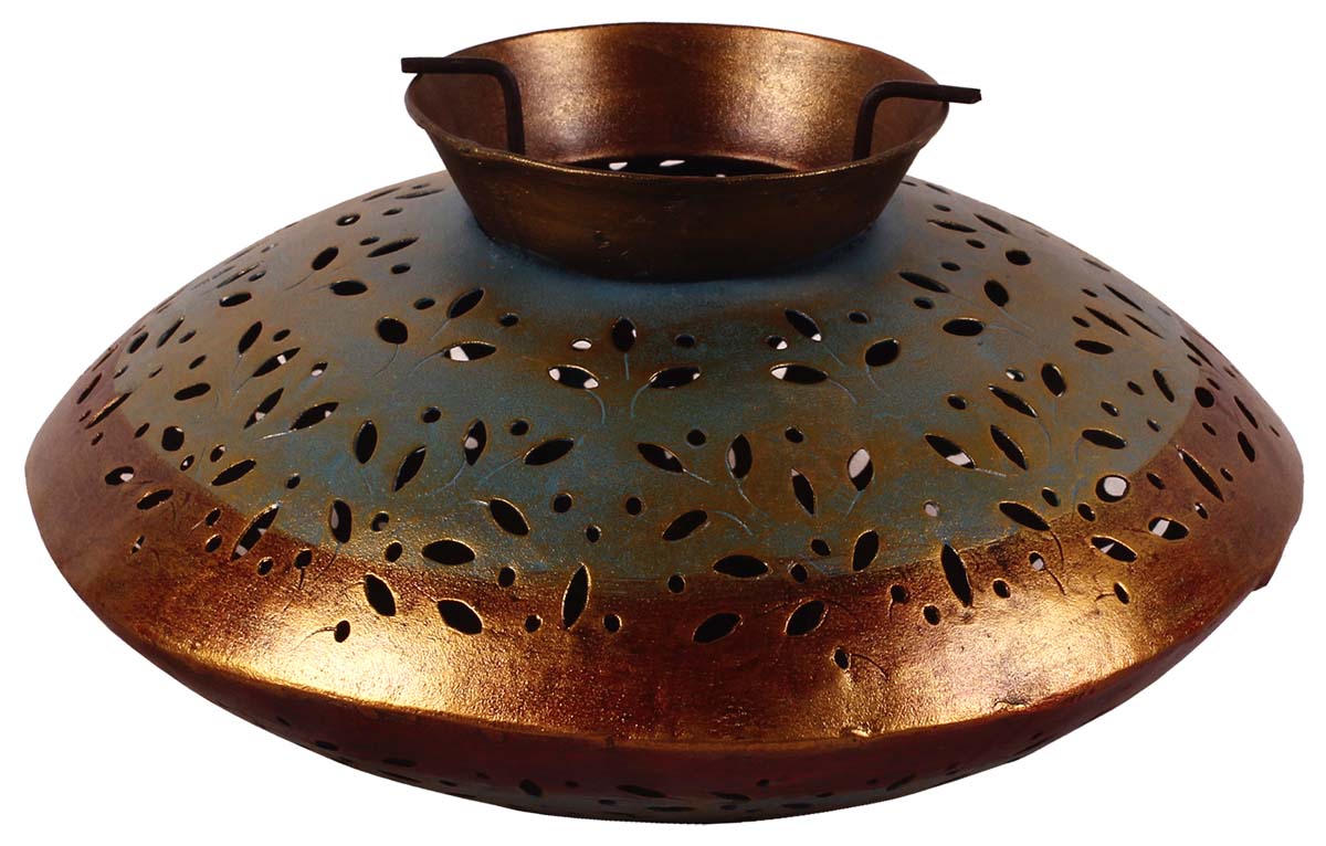 9.5” Pot Tea-Light Holder in Iron with Cut-Work - Hand-Crafted - Copper & Teal-Blue - Home Decor - Buy in Bulk Wholesale