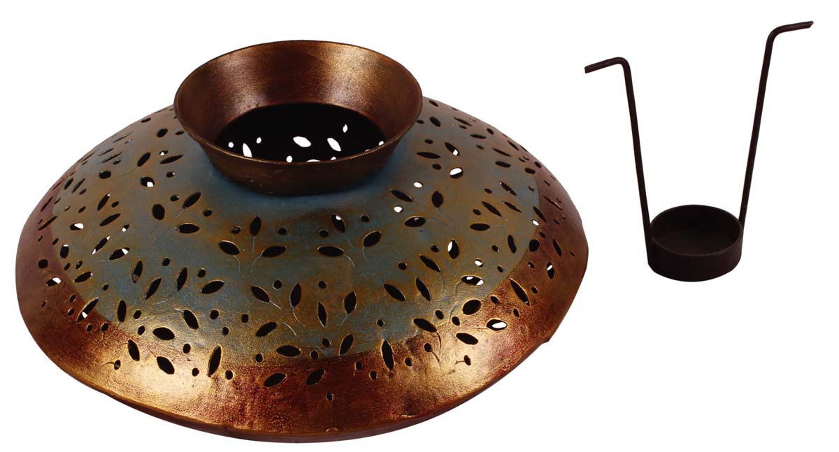 9.5” Pot Tea-Light Holder in Iron with Cut-Work - Hand-Crafted - Copper & Teal-Blue - Home Decor - Buy in Bulk Wholesale