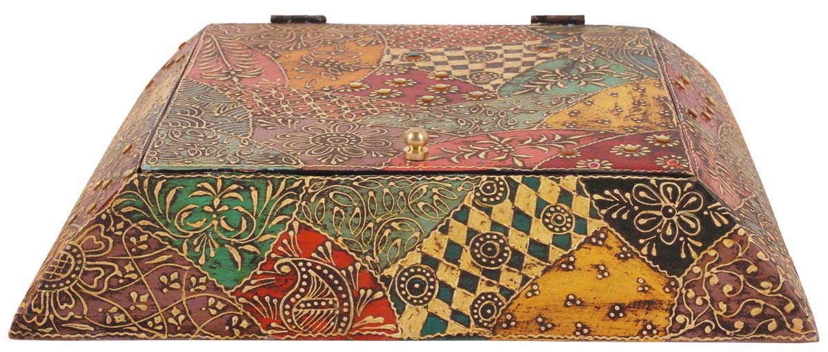 11.5” Jewelry-Box / Accessory-Box in Wood - Cone-Painting in Colorful Motifs - Ethnic-Look Essentials / Decor from India - Buy in Bulk Wholesale