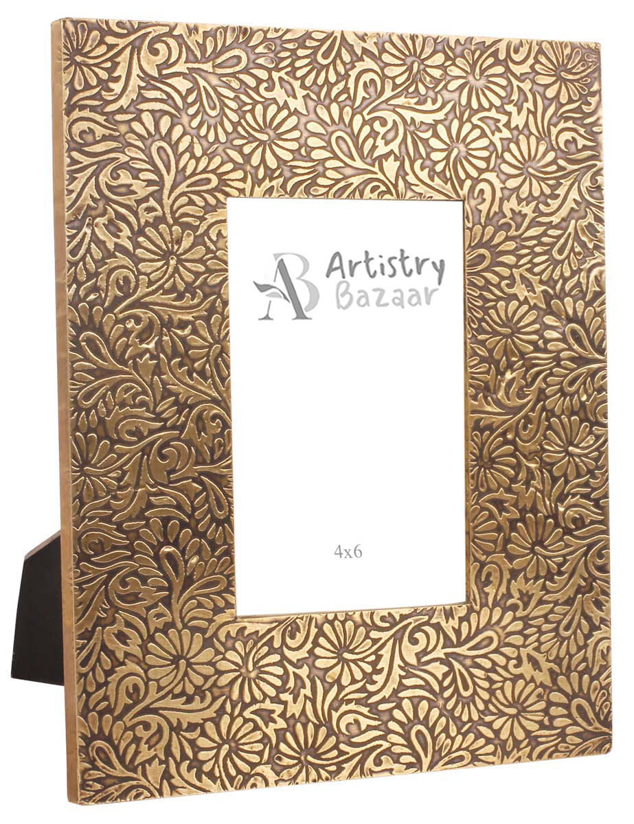 4x6 Handmade Picture-Frame in MDF with Floral Brass-Work - Golden - Home Decor / Gifts - Buy in Bulk Wholesale
