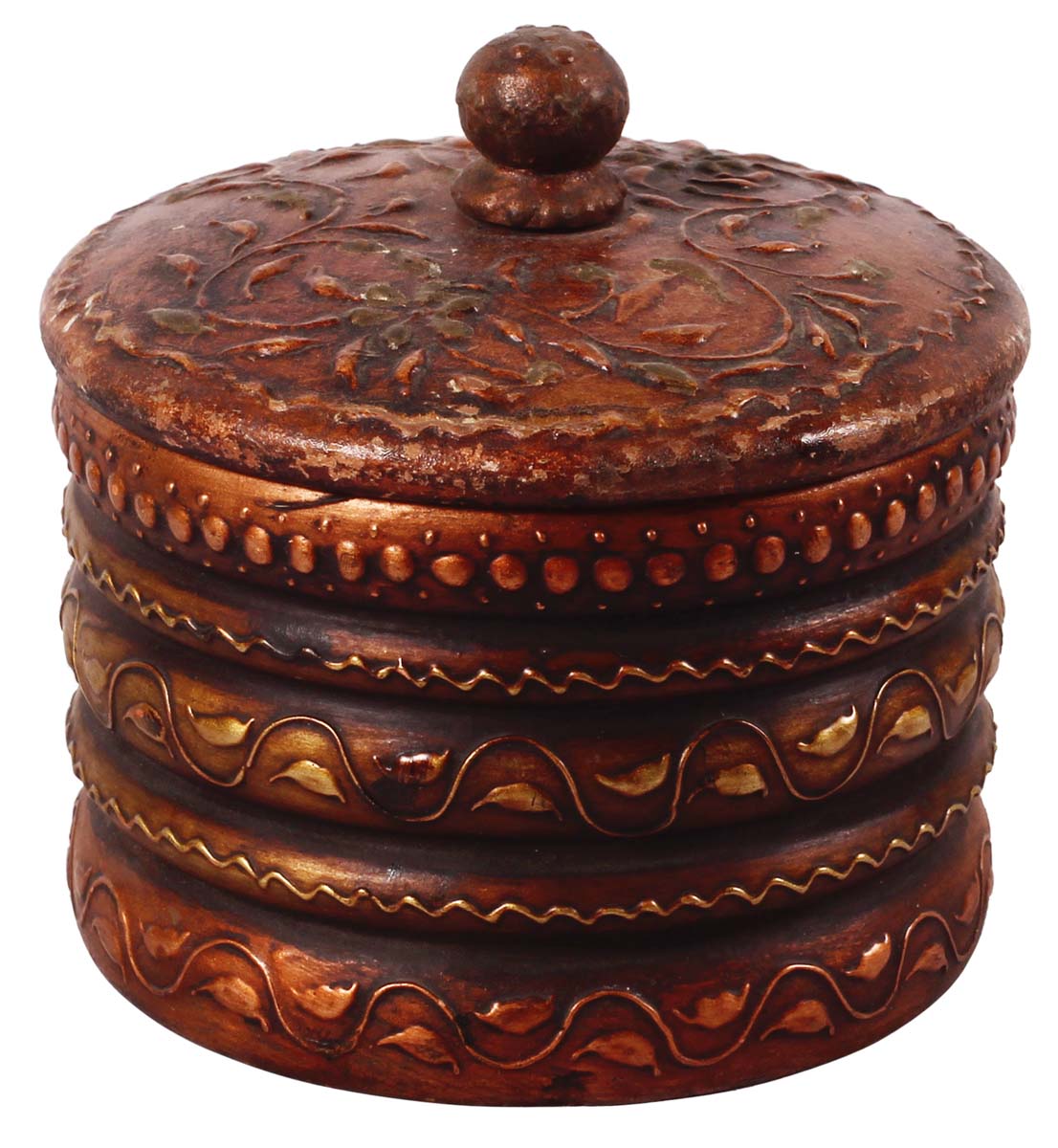 5” Hand-Crafted Round Jewelry-Box / Keepsake with Lid in Mango-Wood - Copper & Golden Tone with Brass-Work - Gifts for Her - Buy in Bulk Wholesale