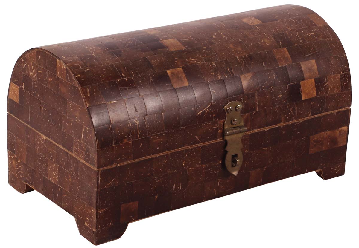 10” Hand-Crafted Treasure-Chest / Jewelry-Box in Natural-Wood & Coconut-Shells - Antiqued-Brown - Gifts for Her - Buy in Bulk Wholesale