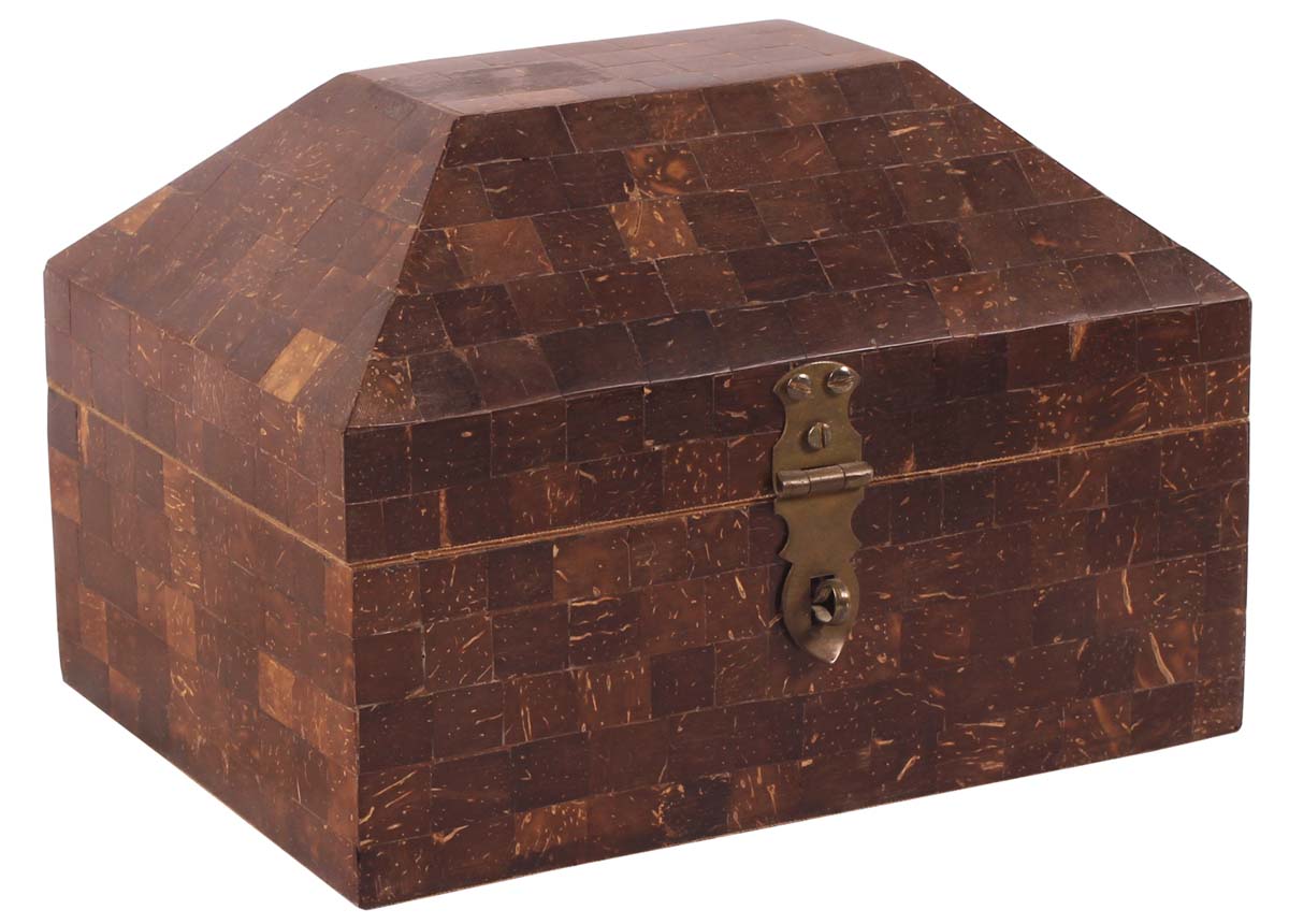 8” Hand-Crafted Treasure-Chest / Jewelry-Box in Mango-Wood & Coconut-Shells - Antiqued-Brown - Gifts for Her - Buy in Bulk Wholesale