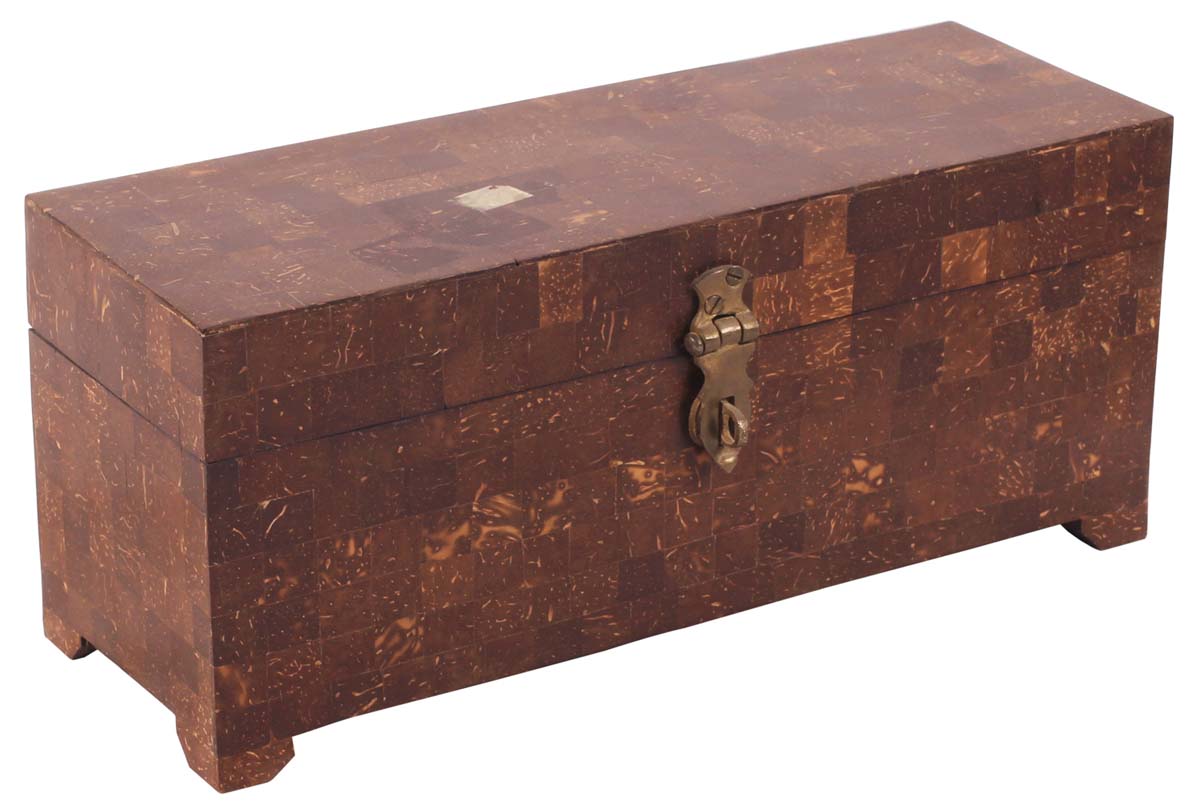 12” Hand-Crafted Rectangular Jewelry-Box in Mango-Wood & Coconut-Shells - Antiqued-Brown - Gifts for Her - Buy in Bulk Wholesale