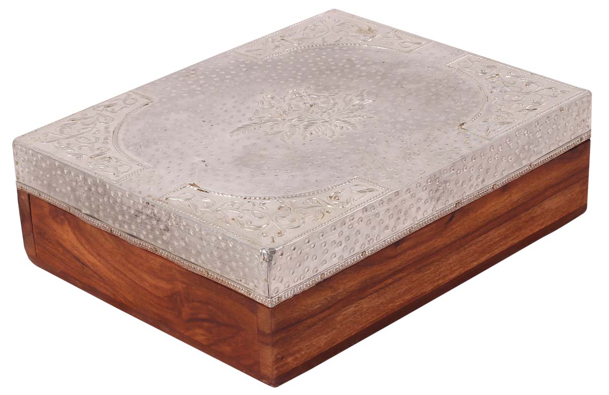 10” Hand-Crafted Jewelry-Box in Natural-Wood & Embossed Aluminum - Silver & Brown with 4 Compartments - Gifts for Her - Buy in Bulk Wholesale