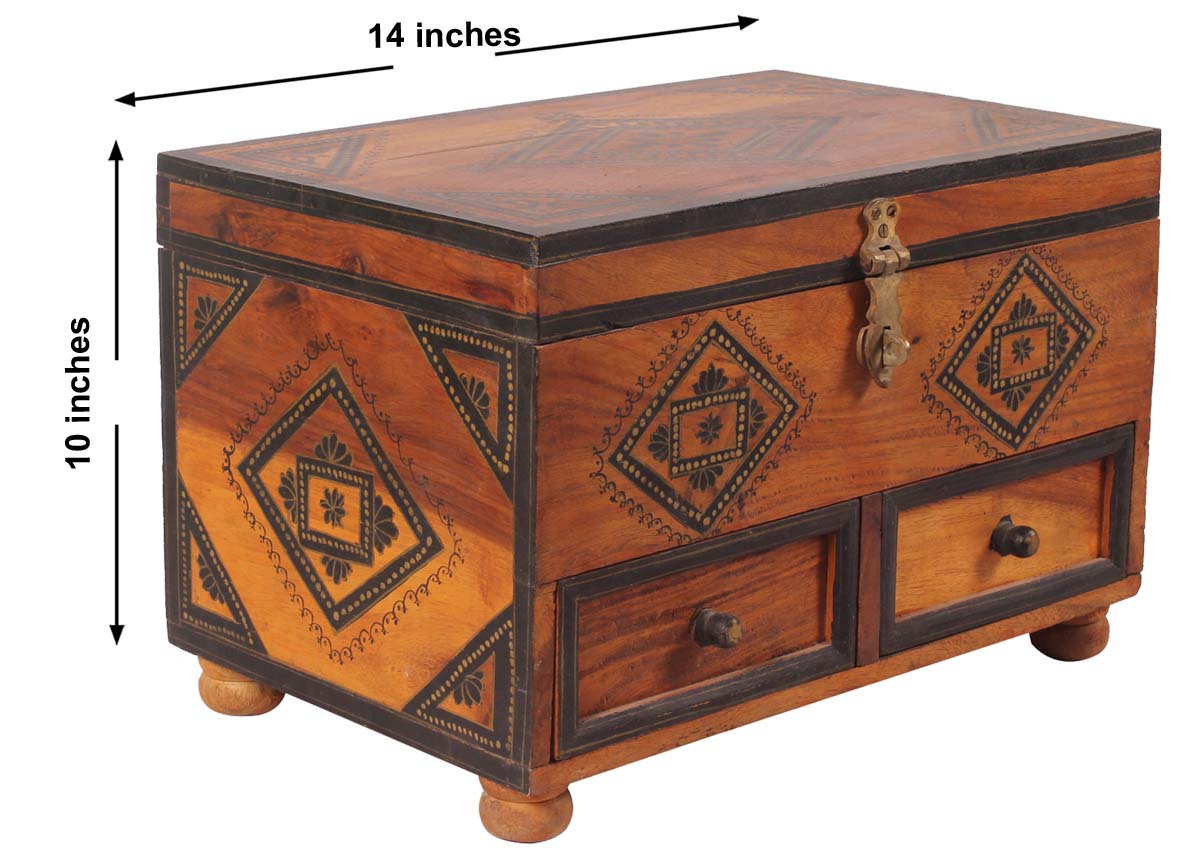 14” Hand-Crafted Treasure-Chest / Jewelry-Box in Mango-Wood with 2 Chest Drawers - Brown & Black - Ethnic-Look Gifts for Her - Buy in Bulk Wholesale