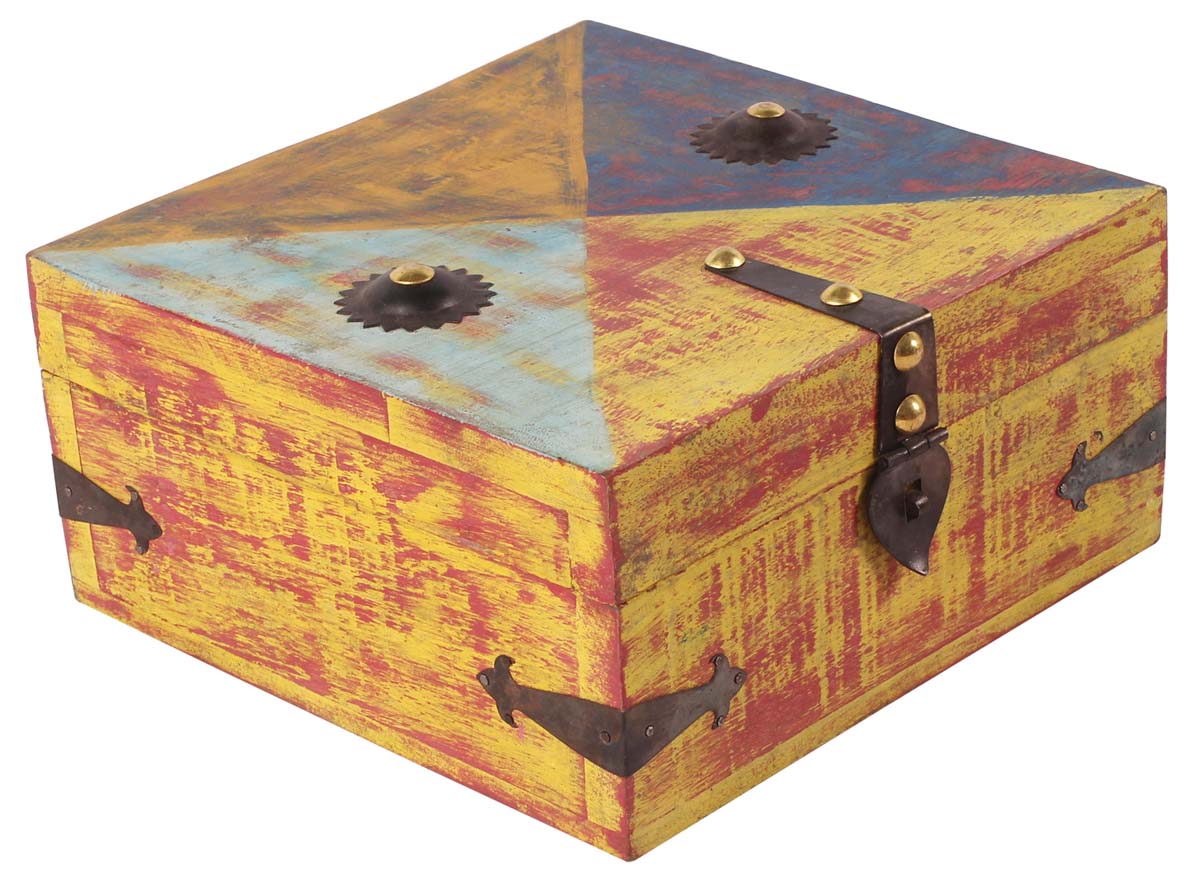 8” Hand-Crafted Treasure-Chest / Jewelry-Box in Mango-Wood with Metal-Lock - Multicolored - Distressed-Look Gifts for Her - Buy in Bulk Wholesale