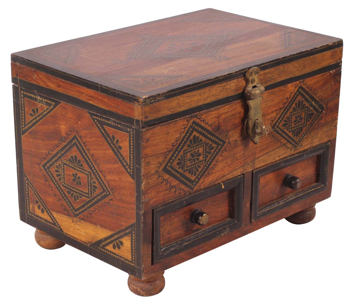11” Hand-Crafted Treasure-Chest / Jewelry-Box in Natural-Wood with 2 Chest Drawers - Brown & Black - Ethnic-Look Gifts for Her - Buy in Bulk Wholesale
