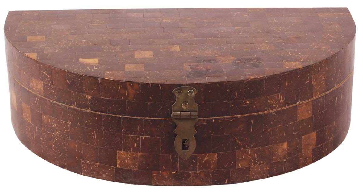 12” Semi-Circular Treasure-Chest / Jewelry-Box in Natural-Wood & Coconut-Shells with Metal-Lock - Dark-Brown - Antique-Look Gifts for Her - Buy in Bulk Wholesale
