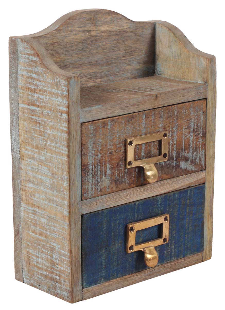 11” 2-Chest-Drawer / Jewelry-Box in Natural-Wood with Metal-Handles - Distressed Blue - Vintage-Look Gifts for Her - Buy in Bulk Wholesale