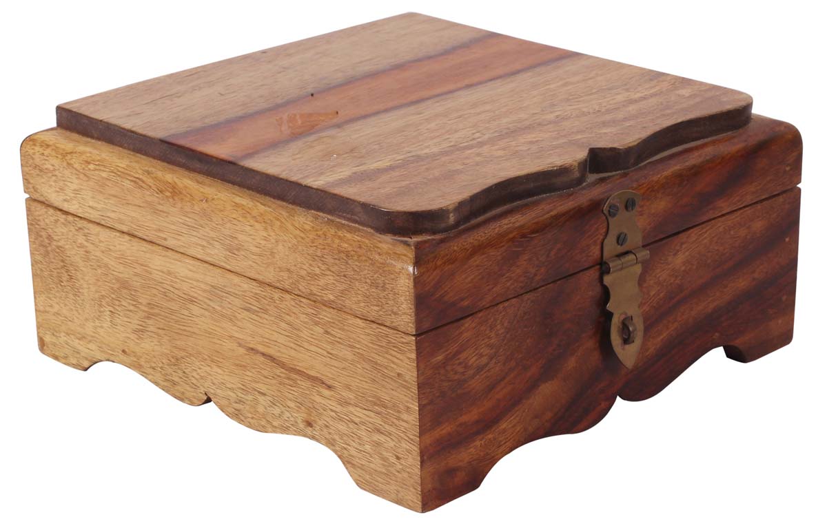 8” Jewelry-Box in Natural-Wood with Scalloped Hinged-Lid - Natural-Brown Color - Vintage--Look Gifts for Her - Buy in Bulk Wholesale
