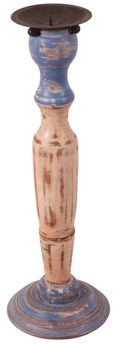 Wholesale Pedestal Candle Holder in Wood – Distressed Shabby Chic Art – Brown & Blue – Vintage-Look Home Décor - Buy in Bulk