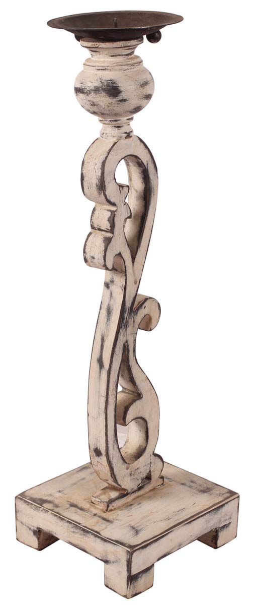 Wholesale Handmade Candle Stand in Wood – 19” - Shabby Chic Distressed Finish - Off White Candle Holder - Buy Vintage-Look Home Décor in Bulk