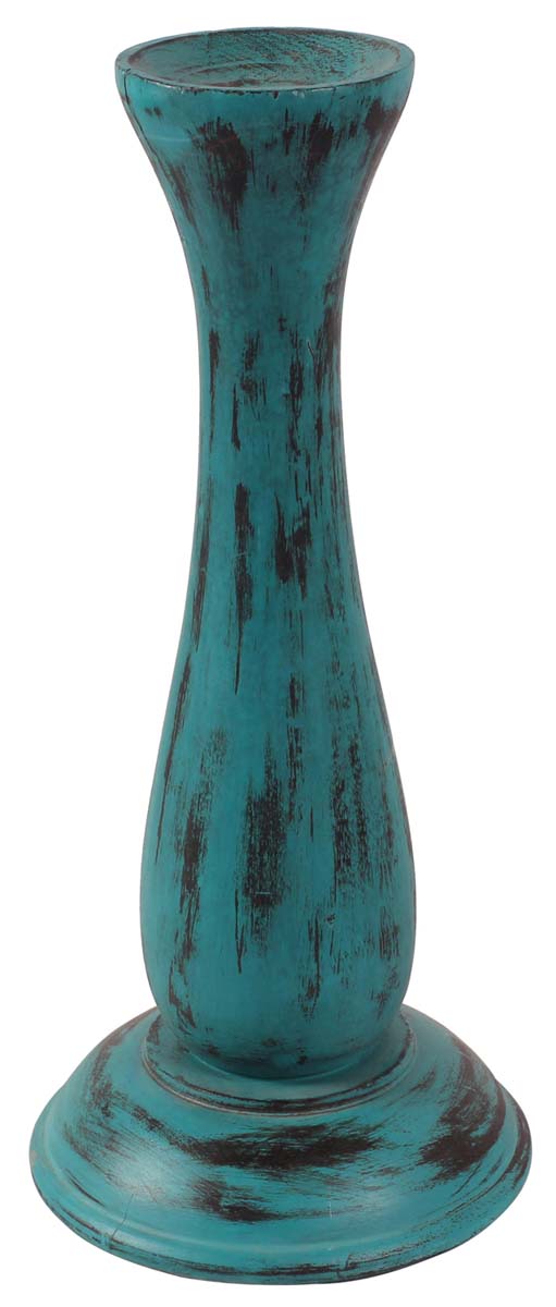 Bulk Pillar Candle Holder in Mango Wood – 15 Inch - Distressed Shabby Chic Finish – Teal Blue – Vintage-Look Home Décor - Buy Wholesale