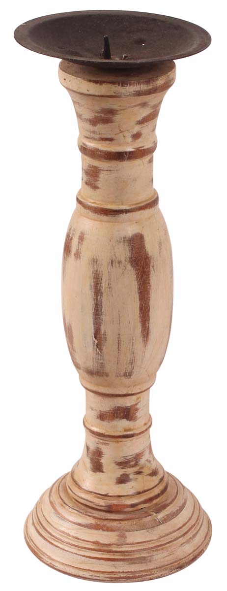 Wholesale 12” Pillar Candle Holder in Wood – Distressed Shabby Chic Finish – Beige  – Vintage-Look Home Décor - Buy in Bulk