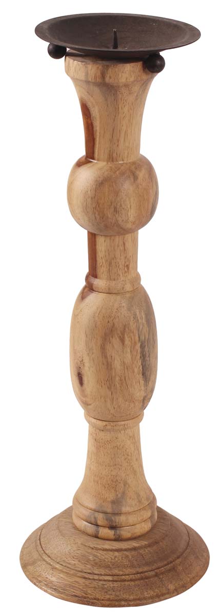 16” Pillar Candle-Holder in Wood with Iron Plate - Natural Wood Color - Vintage-Look Home Decor - Buy in Bulk Wholesale