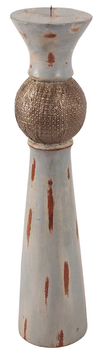 18” Tall Pillar Candle-Holder in Wood with Brass-Work - Distressed Gray-Blue & Golden - Vintage-Look Home Decor - Buy in Bulk Wholesale