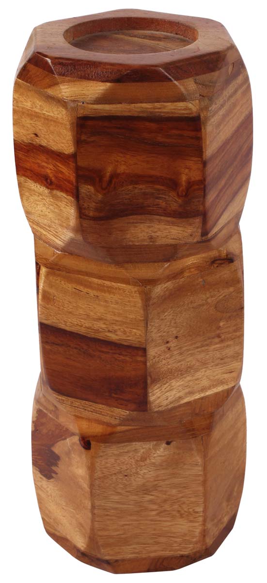 12” Tall Pillar Candle-Holder in Wood with Geometric-Shape - Natural Wood Color - Vintage-Look Home Decor - Buy in Bulk Wholesale
