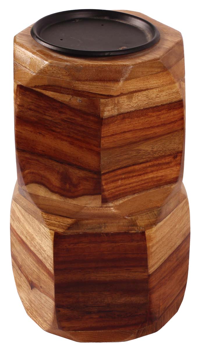 8” Pillar Candle-Holder in Wood with Geometric-Shape - Natural Wood Color - Vintage-Look Home Decor - Buy in Bulk Wholesale
