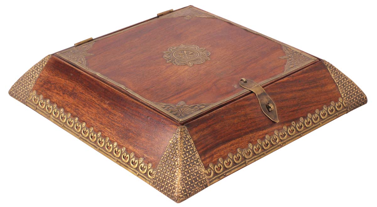 11” Jewelry Box / Accessory Organizer in Natural-Wood with Brass-Work - Brown Golden - Gifts for Her - Buy in Bulk Wholesale