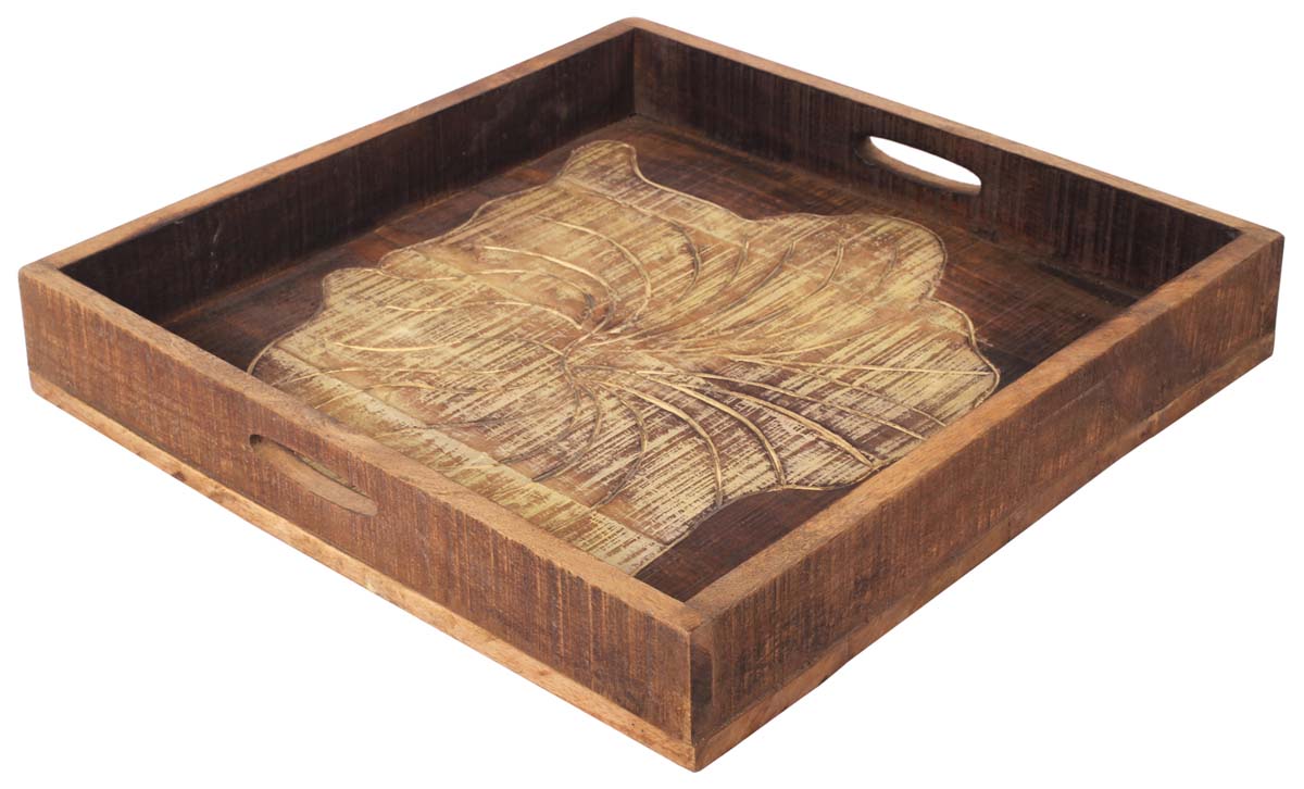 18” Serving Tray with Cut-Out Handles in Natural Wood - Distressed-Brown - Hand-Carved Home & Kitchen Essentials - Buy in Bulk Wholesale