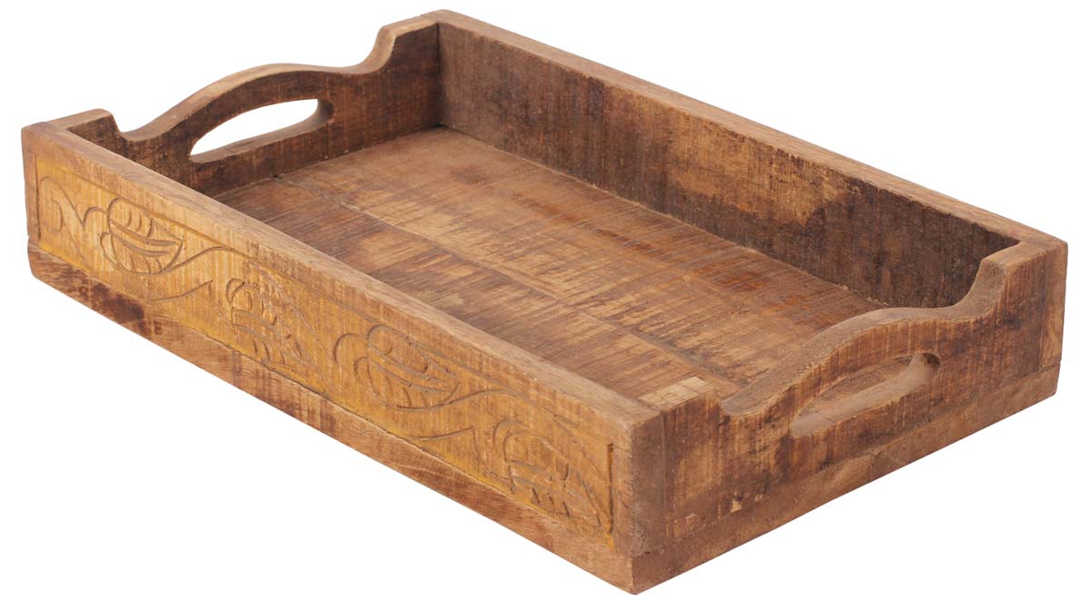15” Serving Tray with Cut-Out Handles in Natural Wood - Distressed-Brown - Hand-Carved Home & Kitchen Essentials - Buy in Bulk Wholesale