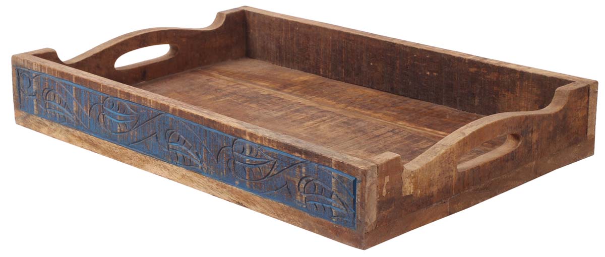 18” Decorative Tray with Cut-Out Handles in Natural Wood - Distressed-Brown & Blue - Hand-Carved Home & Kitchen Essentials - Buy in Bulk Wholesale