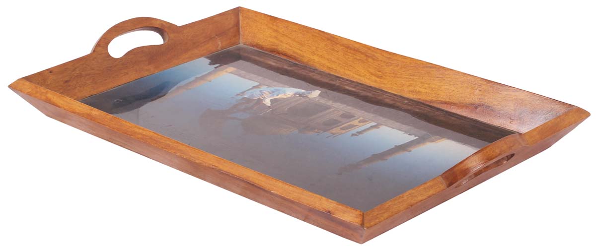 19” Decorative Tray in Natural Wood with Taj-Mahal Painting Sheet - Brown & Blue - Hand-Crafted Home Decor - Buy in Bulk Wholesale