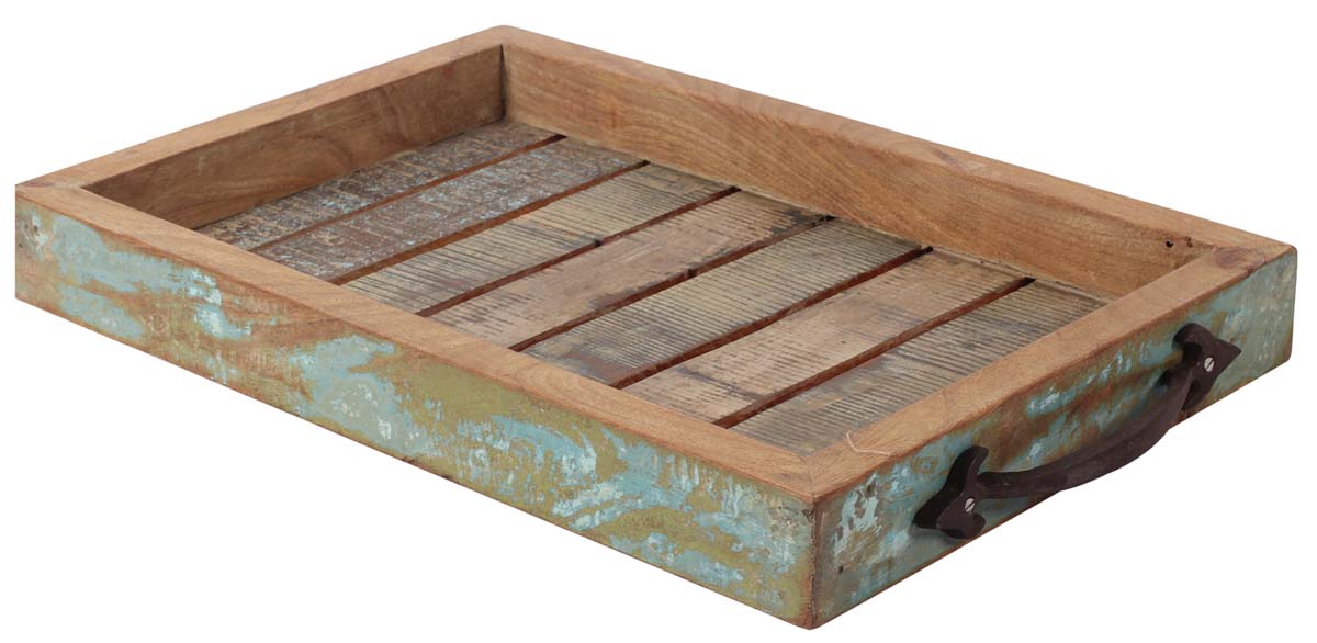 18” Serving Tray in Natural Wood with Crated Base - Distressed with Metal Handles - Antique-Look Home & Kitchen Essentials - Buy in Bulk Wholesale