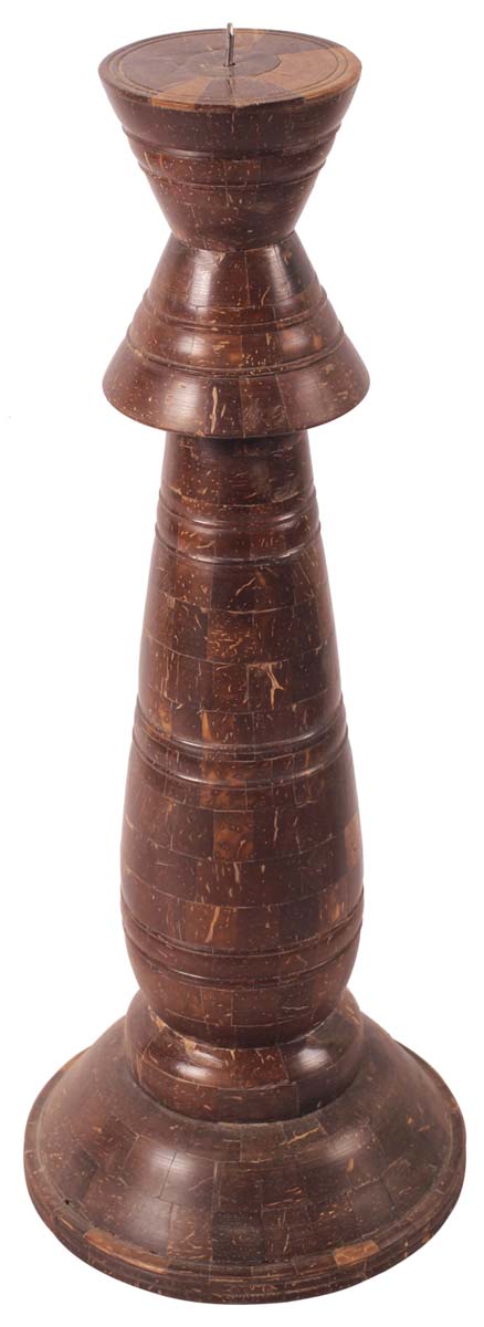 15” Pillar Candle-Stand in Wood & Coconut-Shells - Distressed Brown-Elegant Home Decor Accessories - Buy in Bulk Wholesale