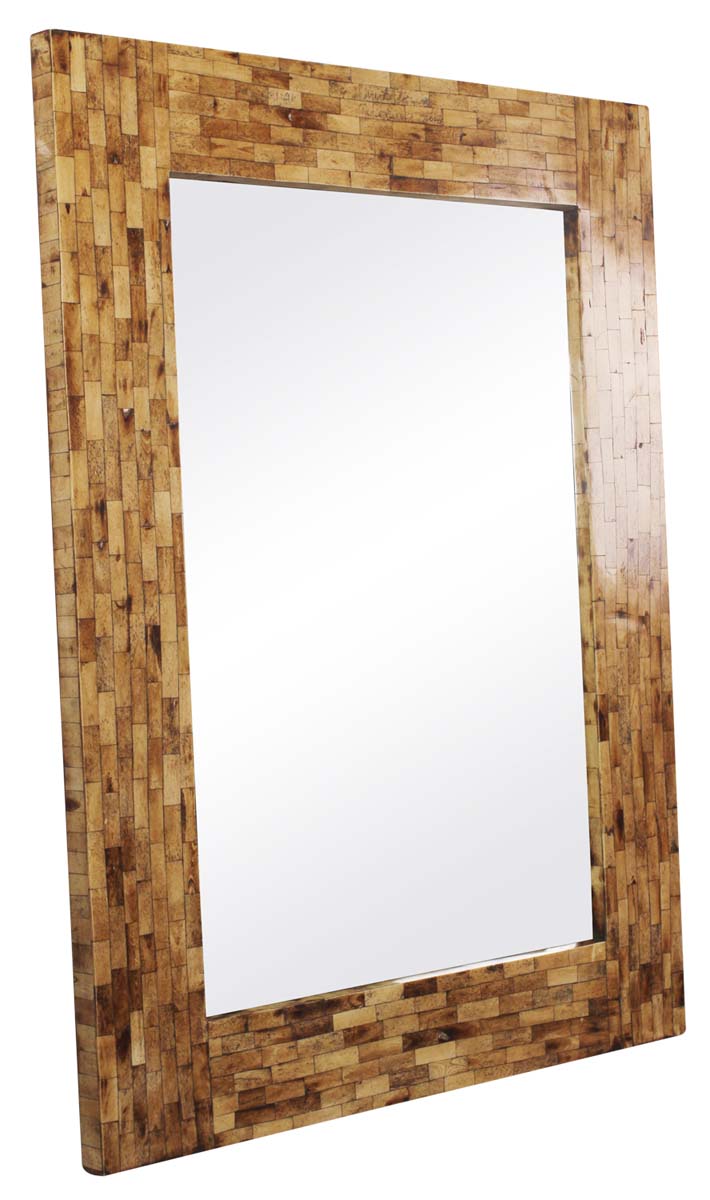 32” Rectangular Wall-Mirror with Mango-Wood & Natural-Bone Frame - Light-Brown with Brick Pattern - Home Decor - Buy in Bulk Wholesale