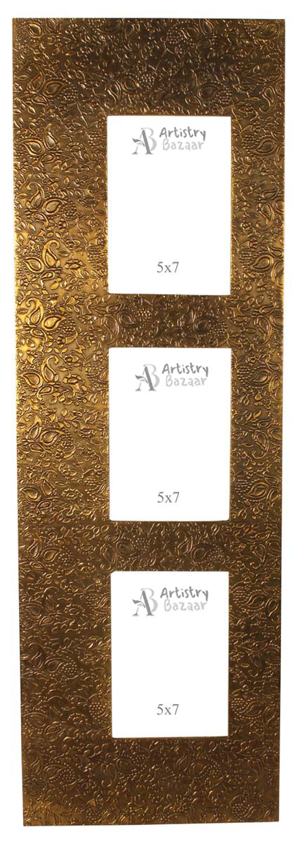 30” Wall Photo-Frames in MDF with Brass-Sheet - 5x7” 3 Frames - Rich Home Decor / Gifts - Buy in Bulk Wholesale